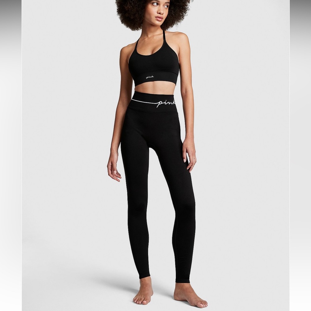 PINK Black Leggings with White Trim